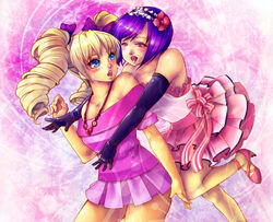  2girls bare_shoulders blue_eyes blue_hair commentary_request dance_dance_revolution dress drill_hair elbow_gloves flower frilled_dress frills gloves hair_flower hair_ornament hairband headdress high_heels hug hug_from_behind jewelry miniskirt multiple_girls necklace photoshop_(medium) pleated_skirt shoes skirt strapless strapless_dress taka_(sanoujo358) toshiba_emi twin_drills twintails yuni_(dance_dance_revolution) 