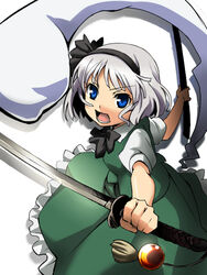  bad_id bad_pixiv_id blue_eyes dual_wielding female grey_hair hitodama holding konpaku_youmu konpaku_youmu_(ghost) rutarou solo sword touhou weapon 