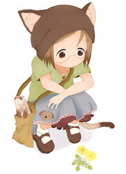  animal animal_ears bag bloomers brown_eyes brown_hair cat_ears cat_tail commentary_request es_(pixiv295215) female ferret flower frills full_body glasses handbag ichigo_mashimaro john_(ichigo_mashimaro) mary_janes photoshop_(medium) sakuragi_matsuri shoes short_hair skirt socks solo tail underwear white_background 