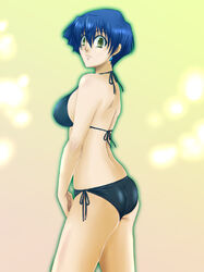  ass aura back bikini blue_hair commentary_request earrings female green_eyes jewelry looking_back photoshop_(medium) sagiri_mikage short_hair side-tie_bikini_bottom solo swimsuit teijin yu-gi-oh! yu-gi-oh!_5d&#039;s 