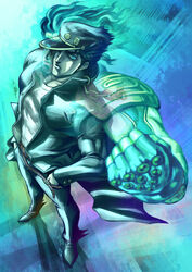  1boy bad_id bad_pixiv_id black_hair chains clenched_hand gakuran gloves hands_in_pockets hat highres idon_(magna13) jojo_no_kimyou_na_bouken kujo_jotaro long_coat male_focus manly muscular school_uniform stand_(jojo) star_platinum stardust_crusaders 