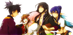  3boys 3girls black_hair blue_hair bracelet brown_hair choker commentary_request estellise_sidos_heurassein goggles green_eyes hug hug_from_behind jewelry judith_(tales) karol_capel long_hair multiple_boys multiple_girls photoshop_(medium) pink_hair pointy_ears ponytail purple_eyes raven_(tales) rita_mordio satsu short_hair tales_of_(series) tales_of_vesperia yuri_lowell 