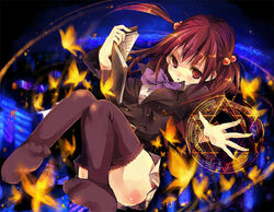  armband bad_id bad_pixiv_id book bug butterfly dark_red_hair female floating hair_bobbles hair_ornament magic_circle red_hair ringo_komachi skirt solo thighhighs two_side_up umineko_no_naku_koro_ni ushiromiya_ange 