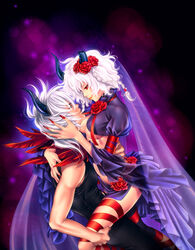  1boy abane_reizei breasts cleavage commentary_request daemon_bride female fingernails flower hair_flower hair_ornament horns kiske leg_hold lucifer_(daemon_bride) medium_breasts nail_polish red_eyes red_nails ribbon see-through short_hair smile thighs underboob white_hair 