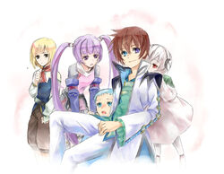  3boys aged_down asbel_lhant blonde_hair blue_eyes blue_hair brothers coat commentary_request female heterochromia hubert_ozwell ishizue_ei lambda_(tales) multiple_boys photoshop_(medium) purple_eyes purple_hair richard_(tales) siblings sophie_(tales) spoilers tales_of_(series) tales_of_graces time_paradox twintails white_background white_coat white_hair 