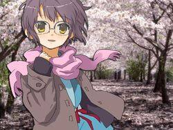  blue_sailor_collar blue_skirt female glasses jacket kita_high_school_uniform long_sleeves looking_at_viewer nagato_yuki open_mouth photoshop_(medium) purple_scarf r_(sena007) red_ribbon ribbon sailor_collar scarf school school_uniform serafuku short_hair skirt solo suzumiya_haruhi_no_shoushitsu suzumiya_haruhi_no_yuuutsu wind winter_uniform 