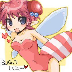  antennae arthropod_girl bad_id bad_pixiv_id bee_girl blue_eyes blush breasts cleavage copyright_name covered_navel female hair_bobbles hair_ornament heart honey_bee_(bug-tte_honey) leotard lowres medium_breasts metaru_maccha monster_girl oekaki pink_hair pink_leotard pointy_ears short_hair smile solo takahashi_meijin_no_bug-tte_honey thigh_gap wings 