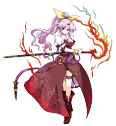  boots bow bracelet commentary_request female fire full_body hair_ornament hairbow high_ponytail highres jewelry long_hair open_mouth pfalz ponytail purple_hair pyrokinesis red_eyes solo sword thigh_strap touhou transparent_background tsurime watatsuki_no_yorihime weapon 