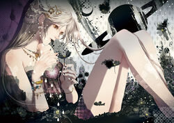  black_flower blonde_hair bracelet braid commentary_request cosmos_(flower) dress eating female flower hair_ornament hairclip houndstooth jewelry moon mouth_hold nail_art nail_polish necklace original petal_in_mouth petals saturn_(planet) solo tears unmoving_pattern yellow_eyes yuu_(arcadia) 