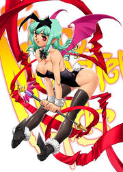  animal_ears bad_id bad_pixiv_id bat_wings bend female green_hair highres kajiyama_hiroshi long_hair original photoshop_(medium) playboy_bunny pointy_ears rabbit_ears red_eyes ribbon solo thighhighs wand wings 