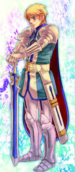  1boy aikana armor bad_id bad_pixiv_id belt blonde_hair blue_eyes flynn_scifo highres male_focus photoshop_(medium) solo sword tales_of_(series) tales_of_vesperia weapon 