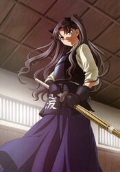  absurdres black_hair bougu bow dojo fate/stay_night fate_(series) female gloves green_eyes hairbow hakama hakama_skirt highres imageboard_desourced ishii_kumi japanese_clothes kendo long_hair looking_down non-web_source photoshop_(medium) purple_hakama shinai skirt solo sweat sword tohsaka_rin two_side_up weapon 