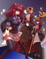  3girls armband bad_id bad_pixiv_id beatrice_(umineko) black_thighhighs blonde_hair blue_eyes bow breasts bug butterfly crown dress flower fysr hair_bobbles hair_ornament maria_(umineko) medium_breasts multiple_girls orange_hair pantyhose pleated_skirt purple_eyes red_hair rose sash skirt staff thighhighs umineko_no_naku_koro_ni ushiromiya_ange ushiromiya_maria zettai_ryouiki 