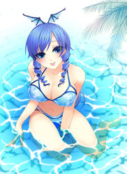  :p artistic_error barefoot bat_wings between_legs bikini blue_eyes blue_hair breasts caustics collarbone commentary_request drill_hair eyes_visible_through_hair female from_above hand_between_legs head_wings large_breasts long_hair looking_at_viewer mole mole_under_eye naa navel shallow_water sitting sitting_on_water solo star_(symbol) star_print swimsuit tongue tongue_out umi_monogatari warin water wings yokozuwari 