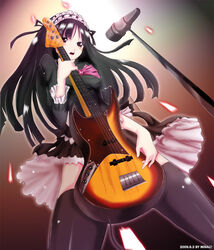  akiyama_mio bass_guitar black_hair blush brown_eyes commentary_request female from_below fuwafuwa_time highres instrument k-on! long_hair mi_ti microphone microphone_stand photoshop_(medium) skirt solo thighhighs 