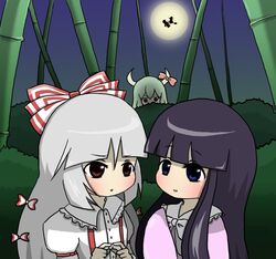  5girls bad_id bad_pixiv_id bamboo bamboo_forest blush bow broom broom_riding cameo caved_(touhou) commentary_request ex-keine flying forest fujiwara_no_mokou full_moon green_hair grey_hair hairbow hakurei_reimu horn_ornament horn_ribbon horns houraisan_kaguya kamishirasawa_keine kirisame_marisa long_hair moon multiple_girls multiple_hair_bows nature night purple_eyes purple_hair red_eyes ribbon silhouette touhou yu-ki_(ones_courage) 