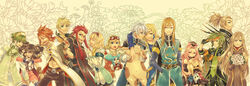  5girls 6+boys anise_tatlin arietta_(tales) asch_(tales) ascot aslan_frings black_hair blonde_hair blue_eyes bouquet brown_arm_warmers brown_hair choker commentary_request everyone flower gloves goggles green_choker green_hair grin guy_cecil hair_tubes hairband highres ion_(tales) jade_curtiss long_hair luke_fon_fabre mieu_(tales) miho_(mi) multiple_boys multiple_girls natalia_luzu_kimlasca_lanvaldear noelle_(tales) peony_ix photoshop_(medium) pig pink_hair ponytail red_hair short_hair short_hair_with_long_locks sidelocks silver_hair smile surcoat sync_(tales) tales_of_(series) tales_of_the_abyss tear_grants twintails van_grants yellow_ascot 