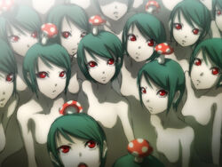  6+girls clone commentary_request green_hair multiple_girls mushroom nude original red_eyes short_hair zou_azarashi 