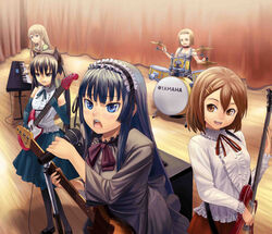  5girls akiyama_mio animal_ears black_hair blonde_hair blue_eyes bow bowtie brown_eyes brown_hair cat_ears drum elbow_gloves electric_guitar fuwafuwa_time gloves guitar hair_ornament hairband hairclip headdress hirasawa_yui instrument k-on! kotobuki_tsumugi lasterk long_hair maid_headdress microphone microphone_stand multiple_girls nakano_azusa open_mouth photoshop_(medium) ribbon short_hair tainaka_ritsu twintails very_long_hair 