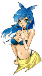  bikini blue_eyes blue_hair breasts commentary_request drill_hair female large_breasts midriff ponytail solo swimsuit tonkatsu_(zombies) umi_monogatari warin 