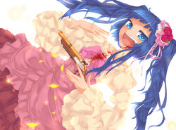  antique_firearm bad_id bad_pixiv_id blood blue_eyes blue_hair bow caplock choker cross-laced_clothes cross-laced_skirt dawn_of_the_golden_witch female firelock flower frilled_skirt frills furudo_erika gun hair_ornament handgun high-waist_skirt pink_bow raimu rose skirt smile solo twintails umineko_no_naku_koro_ni weapon 