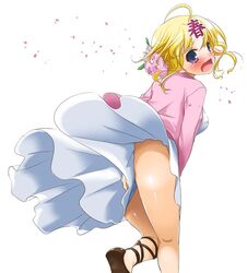  blonde_hair blue_eyes blush commentary_request female flower hair_ornament haru-chan legs nakajima_yuka nhk_(broadcaster) photoshop_(medium) short_hair skirt solo tears wind wind_lift 