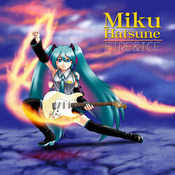  album_cover_redraw aqua_hair azusa_yukimasa blue_eyes blush_stickers commentary_request cover derivative_work detached_sleeves female fire guitar hatsune_miku heavy_metal highres instrument parody rock_&#039;n_flowers rock_(music) solo thighhighs twintails vocaloid yngwie_malmsteen 