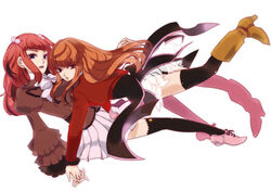  2girls black_thighhighs blue_eyes boots bow brown_hair commentary_request hair_bobbles hair_ornament holding_hands interlocked_fingers legs long_hair mammon_(umineko) multiple_girls pleated_skirt red_eyes red_hair sarasa_misa skirt stakes_of_purgatory thighhighs umineko_no_naku_koro_ni ushiromiya_ange yuri zettai_ryouiki 