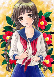  acrylic_paint_(medium) bad_id bad_pixiv_id blush braid brown_eyes brown_hair camellia female floral_background flower long_hair millipen_(medium) original painting_(medium) red_flower school_uniform serafuku skirt solo toyoda_izumi traditional_media twin_braids undressing upper_body 