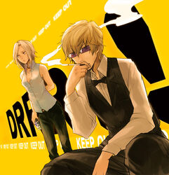  1boy bad_id bad_pixiv_id blonde_hair bow bowtie cigarette couple durarara!! female heiwajima_shizuo maguchimo smoking straight sunglasses vest vorona 