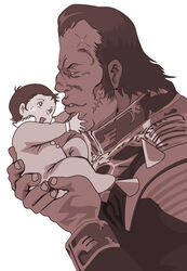  1boy baby baby_carry bad_id bad_pixiv_id carrying dozle_zabi father_and_daughter female fingernails gundam manly military military_uniform mineva_lao_zabi mobile_suit_gundam peaceman photoshop_(medium) scar sepia short_hair simple_background size_difference uniform white_background 