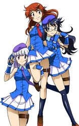  3girls akashi_kaoru black_hair blue_eyes brown_eyes brown_hair commentary_request fingerless_gloves glasses gloves multiple_girls nogami_aoi panties sannomiya_shiho short_hair skirt takaya_n the_children thigh_strap underwear white_hair zettai_karen_children 