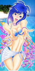  beach bikini blue_bikini blue_eyes blue_hair commentary_request day drill_hair female fish highres mokax photoshop_(medium) ponytail solo swimsuit umi_monogatari warin 