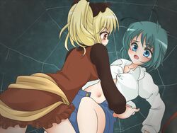  2girls antennae blonde_hair blue_eyes blush commentary_request green_hair imminent_rape kotomi_(happy_colors) kurodani_yamame multiple_girls navel open_clothes open_shirt ponytail red_eyes shirt short_hair silk spider_web touhou wriggle_nightbug you_gonna_get_raped yuri 