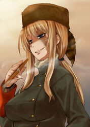  balalaika_(black_lagoon) black_lagoon blonde_hair blue_eyes breasts cigar commentary_request coon_hat darker_than_black female fur_hat grin hat highres jacket large_breasts long_hair nabeyu parody ponytail scar smile smoking solo tanya_(darker_than_black) 