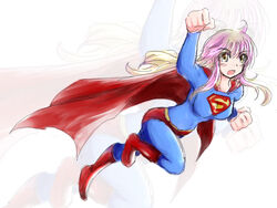  breasts cape clothes_writing commentary_request cosplay dc_comics female gradient_hair hijiri_byakuren long_hair medium_breasts milksea multicolored_hair parody photoshop_(medium) solo superhero_costume superman superman_(cosplay) superman_(series) superwoman touhou yellow_eyes zoom_layer 