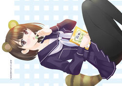  anegasaki_nene animal_ears blush_stickers brown_eyes brown_hair eating female kazuto_izumi love_plus mole mole_under_eye pantyhose photoshop_(medium) raccoon_ears raccoon_tail school_uniform serafuku short_hair solo tail tanuki 