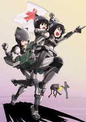  3girls animification bad_id bad_pixiv_id bigdog boston_dynamics flag helmet highres japanese_flag joints mecha mecha_musume multiple_girls non-humanoid_robot original photoshop_(medium) real_life real_life_insert robot robot_joints sukabu walker_(robot) 