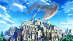  axe bad_id bad_pixiv_id city cloud day end_breaker! huge_weapon no_humans outdoors scenery sky weapon yuanmaru 