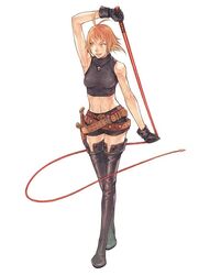  antenna_hair arm_up armpits artist_request bare_shoulders belt black_shorts boots crop_top dagger female gloves green_eyes imageboard_desourced jewelry knife midriff mila_nebraska necklace non-web_source official_art orange_hair short_hair shorts simple_background sleeveless sleeveless_turtleneck smile solo tales_weaver thigh_boots thighhighs tsurime turtleneck weapon whip white_background 