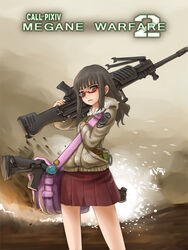  bag benelli_m4 call_of_duty call_of_duty:_modern_warfare_2 commentary_request female glasses gun h&amp;k_mg4 jacket jigoku_inu machine_gun parody photoshop_(medium) shotgun solo weapon 