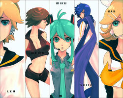  2boys 3girls ahoge aqua_hair bad_id bad_pixiv_id blonde_hair blue_hair blue_scarf breasts brown_hair crop_top hatsune_miku headset kagamine_len kagamine_rin kaito_(vocaloid) medium_breasts meiko_(vocaloid) multiple_boys multiple_girls necktie scarf short_hair shorts siblings twins vocaloid zukeban 