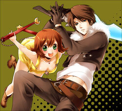  1boy belt blue_eyes boots brown_hair commentary_request dress female final_fantasy final_fantasy_viii flipped_hair gloves green_background green_eyes gunblade jewelry lionheart mekonu_(mknn) midriff necklace nunchaku open_mouth polka_dot polka_dot_background scar selphie_tilmitt short_hair skirt squall_leonhart weapon yellow_dress zipper_dress zipper_pull_tab 