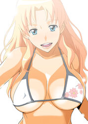  bad_id bikini blonde_hair blue_eyes breasts cleavage copyright_request covered_nipples female floral_print large_breasts lips long_hair looking_at_viewer open_mouth photoshop_(medium) smile solo swimsuit watarabe_keiichi white_bikini 