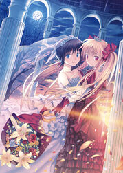  2girls alternate_hair_color bare_shoulders black_hair blonde_hair blue_eyes bouquet bow bridal_veil bride colonnade column commentary_request crown dark_bride dress elbow_gloves fate_testarossa flower frilled_dress frills gloves hair_ribbon kitiroku lily_(flower) long_hair looking_back lyrical_nanoha mahou_shoujo_lyrical_nanoha moon multiple_girls petals photoshop_(medium) pillar red_dress red_eyes ribbon rose side_ponytail smile sunset takamachi_nanoha twintails veil very_long_hair wedding wedding_dress wife_and_wife yuri 