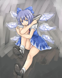  blue_eyes blue_hair bow cirno commentary_request female gun hairbow handgun highres legs michael-x panties short_hair sig_sauer sig_sauer_p230 solo touhou trigger_discipline underwear weapon wings 