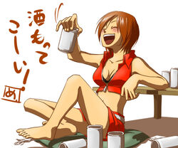  barefoot blush breasts can commentary_request crop_top drunk female junji laughing medium_breasts meiko_(vocaloid) midriff pencil_skirt simple_background sitting skirt solo translated vocaloid 