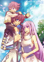  2010 2boys asbel_lhant blue_eyes brown_hair carrying character_name commentary_request copyright_name female heterochromia lambda_(tales) long_hair minazuki_kurisu multiple_boys official_alternate_costume purple_eyes purple_hair shoulder_carry sophie_(tales) tales_of_(series) tales_of_graces 