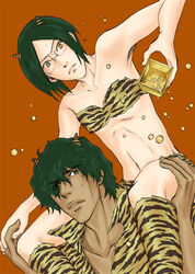  2boys animal_print armpits bikini bleach brown_horns commentary_request cone_horns cosplay crossdressing dark-skinned_male dark_skin gekkousha green_eyes green_hair horns ishida_uryuu lum lum_(cosplay) male_focus mamemaki masu multiple_boys parody photoshop_(medium) sado_yasutora setsubun small_horns striped_horns swimsuit tiger_print urusei_yatsura yellow_eyes 