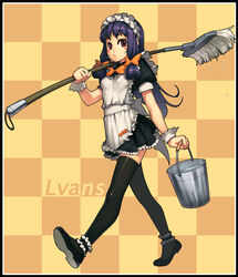  apron black_hair brown_eyes commentary_request female legs long_hair lvans maid mop original photoshop_(medium) skirt solo thighhighs 